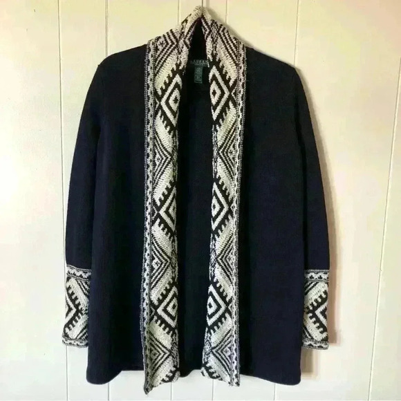 Lauren Ralph Lauren Open Front Navy Aztec Cotton Blend Cardigan Size PXS - Picture 2 of 10